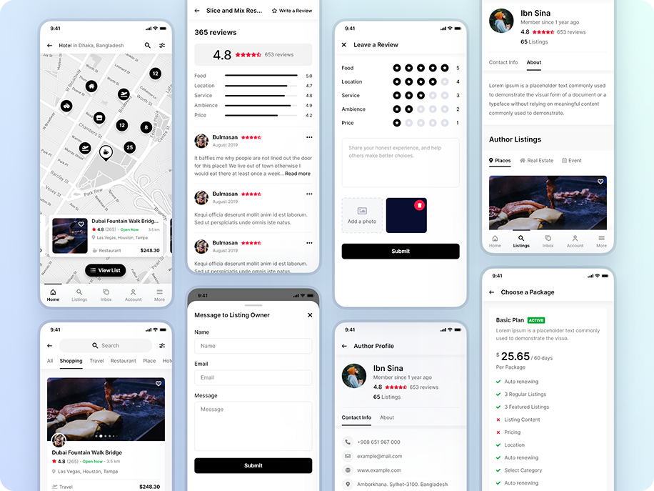 Directorist maps, reviews, messaging, and author profile screens